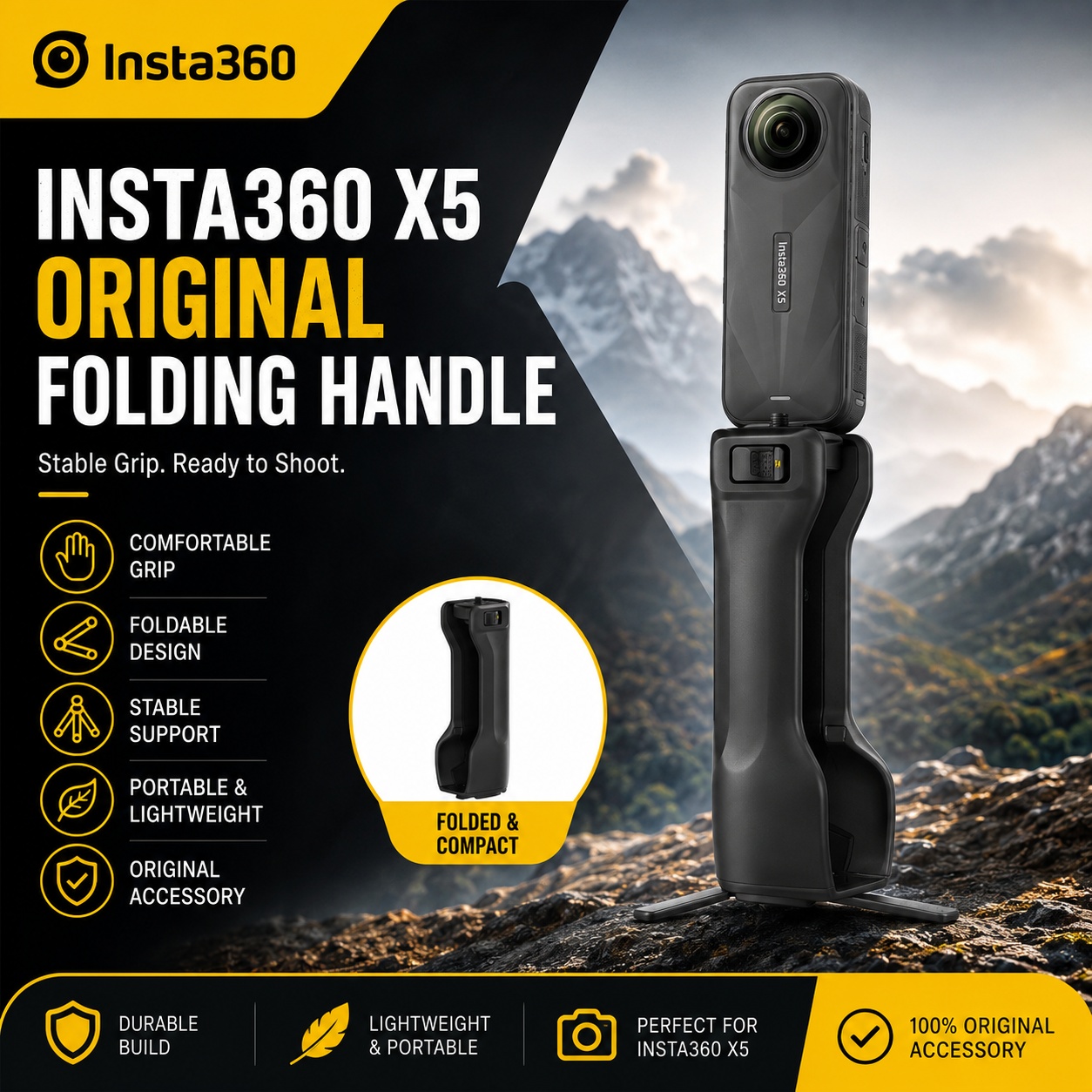 Photography Grip Insta360 X5 - Pegangan Lipat untuk Insta360 X5 Pegangan